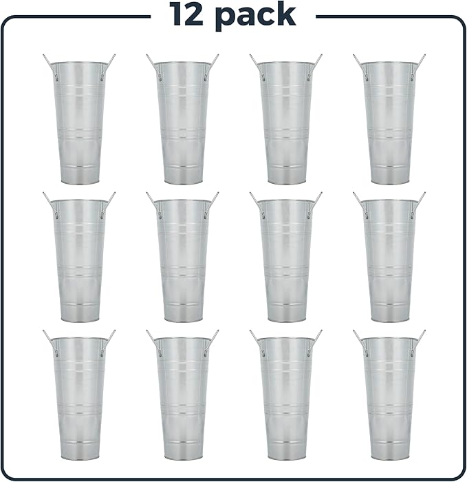 12 Pack 9" Tall Galvanized Metal Flower Vase, French Bucket Vases with Handles, Floral Buckets for Outdoor/Indoor, Rustic Tiny Flower Buckets for Home Decor Wedding Table Centerpiece Farmhouse