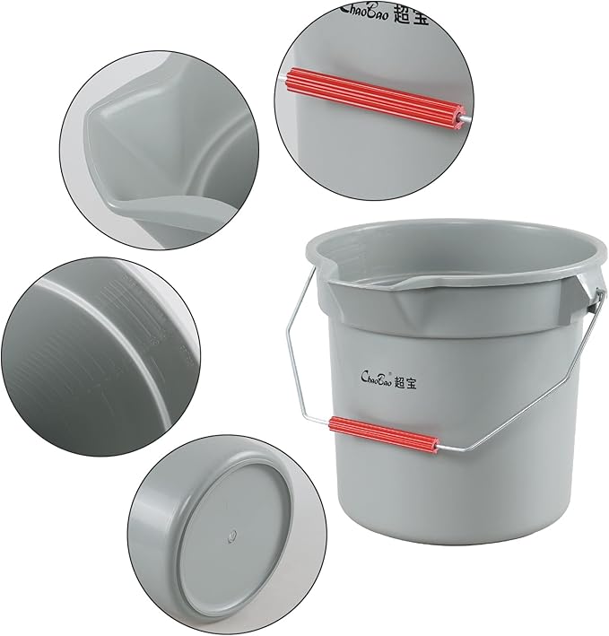 14 Quart Round Utility Bucket with Handle, Round Plastic Bucket for Cleaning, Gray, 6 Packs