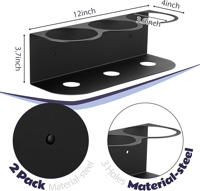 Therwen 2 Pcs 3 Holes All Purpose Steel Spray Bottle Holder Heavy Duty Can Holder Rack Organizer Easy Install Wall Mount Paint Spray Bottle Organizer Storage Rack for Garage Home Workspace(Black)