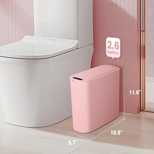 Cesun Automatic Motion Sensor Bathroom Trash Can with Lid, 2.6 Gallon Touchless Trash Bin, Smart Plastic Slim Garbage Can Small Wastebasket for Toilet, Office, rv, Bedroom, Living Room, Pink