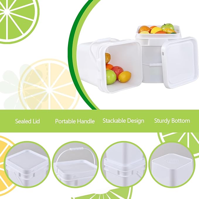 Gloreen 4-Pack 2.9 Gallon Square Plastic Bucket with Sealed Lid, Small Food Bucket Pail with Lid and Handle, White