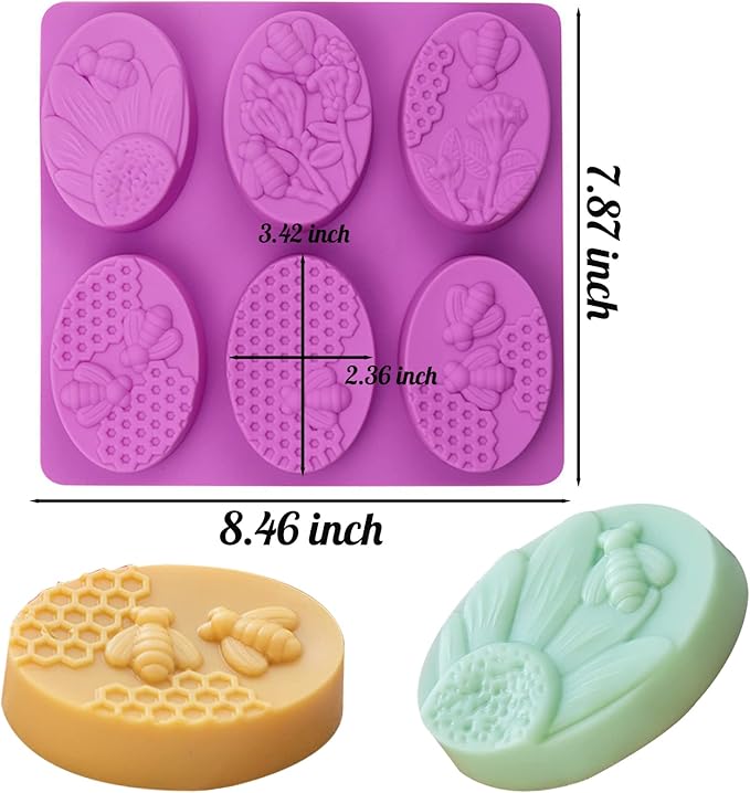 2PCS Oval Bee Silicone Soap Molds, 3D Honeycomb Shape Soap Molds, 6 Cavity Honeycomb Silicone Molds for Homemade Soaps, Beeswax, Resin, Bath Bomb, Cake, Chocolate, Bakeware (Purple)