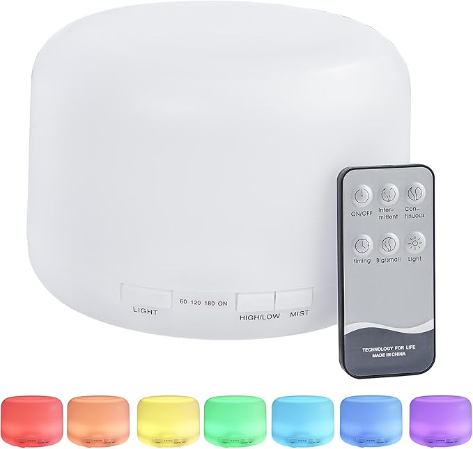 500ML Essential Oil Diffuser, Humidifiers for Bedroom, Office, Scent Diffuser for Home Hotel Spa Yoga Room with Remote Control, 7 LED Colors Light, Timer and Auto-Off Switch -White Bottom