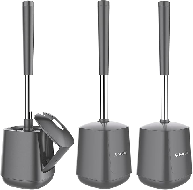 SetSail Toilet Brush and Holder 3 Pack, Self Closing Lid Toilet Bowl Brushes Holder Extra Long Handle Ventilated Toilet Brush Set for Bathroom Cleaning, Nylon Bristles, Grey