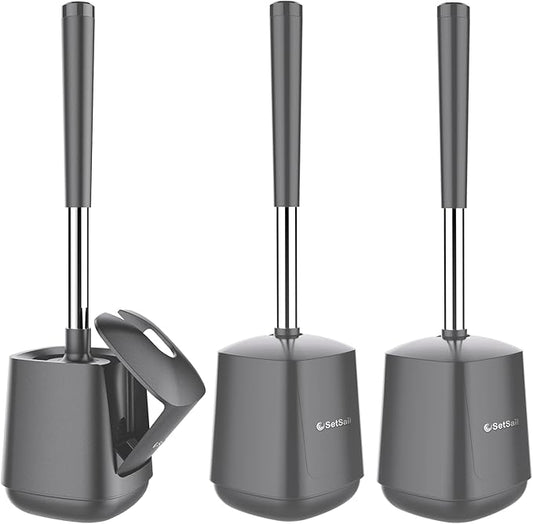 SetSail Toilet Brush and Holder 3 Pack, Self Closing Lid Toilet Bowl Brushes Holder Extra Long Handle Ventilated Toilet Brush Set for Bathroom Cleaning, Nylon Bristles, Grey