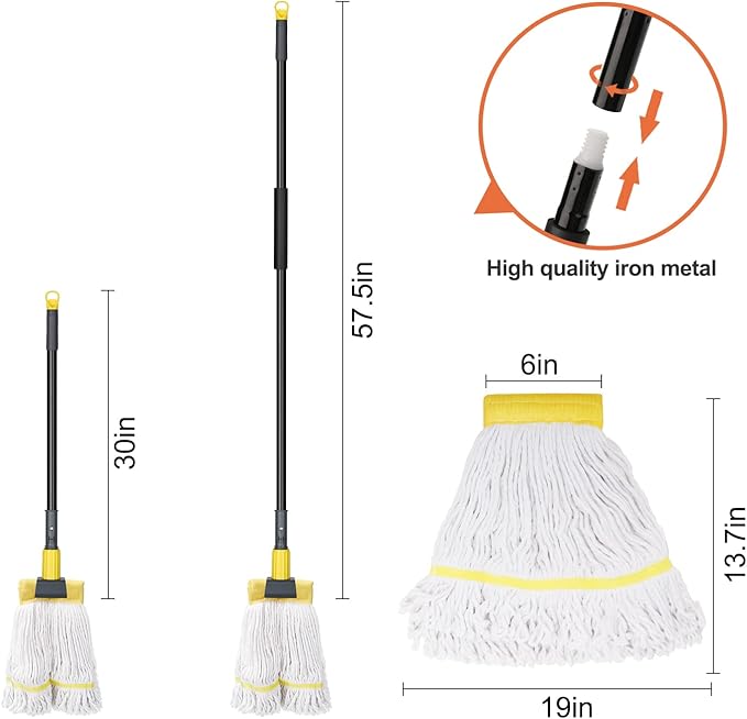 KeFanta Commercial Heavy Duty Industrial Mop with Extra Replacement Mop Head,60" Long Handle Looped-End String Wet Cotton Mops for Floor Cleaning,Home,Kitchen,Office,Garage and Concrete/Tile Floor