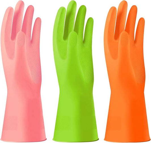 Alimat PluS 3 Colors Rubber Dishwashing Gloves Without Liner, Reusable Cleaning Gloves Latex Free, Waterproof Household Cleaning Gloves for Laundry, Gardening(Large)