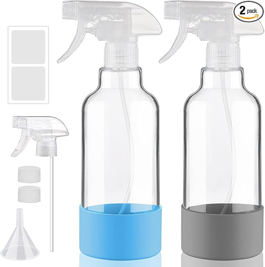 Glass Spray Bottles with Silicone Sleeve, 2 Pack 16.9oz Refillable Containers with Adjustable Spray Nozzles, Empty Spray Bottle for Cleaning Solutions, Hair, Plants (Blue+Grey)