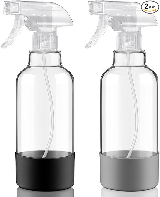 Glass Spray Bottles with Silicone Sleeve 16.9oz 2 Pack Empty Spray Bottle for Hair Mist/Stream Spraying for Cleaning Solutions, Plants, Essential Oils (clear-grey&black)