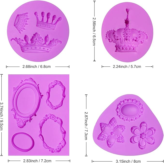 Crown Silicone Molds, Vintage Photo Frame Gem Chocolate Baking Molds, Cake Decoration Fondant Molds for Cupcake Topper Candy Gum Paste DIY Craft Clay Resin Set of 4