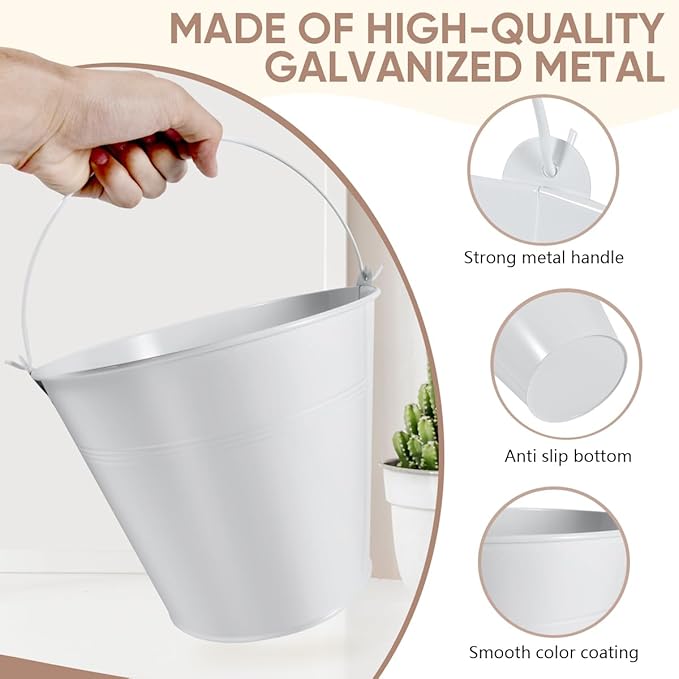 OBTANIM 7 Pack White Metal Buckets with Handle Galvanized Ice Pails for Plants, Succulents, Party Favors Organizing, Rustic Home Decor or Classrooms Pencil Storage (9.1 x 6.7 inch)