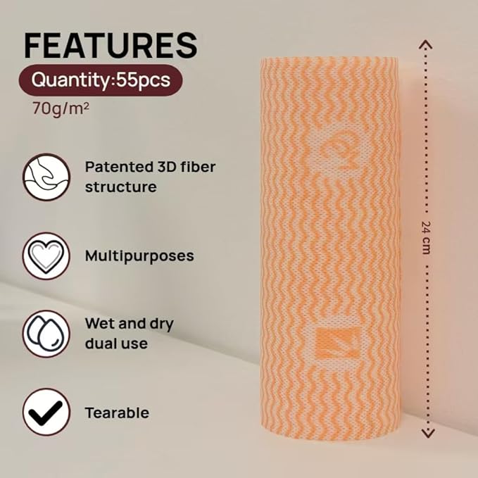 Lazy Cleaning Cloths, Multipurpose Kitchen Towels, Reusable Dish Rags, Dry/Wet Use for Dishware, Countertops, Stove, Camping, RVs, (9.45"*11.81") 55 Tearable Sheets/Roll (Orange)