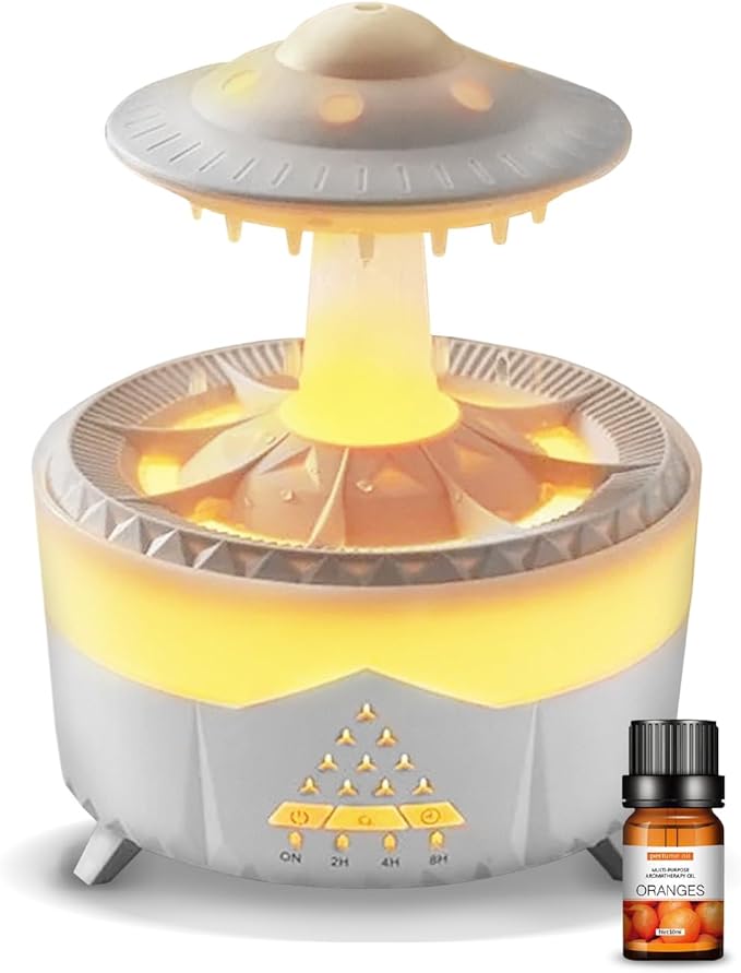 UFO Raindrop Humidifier Oil Diffuser - White - House Scent Essential Oil Desk Humidifier for Aromatherapy - Mushroom Desk Lamp Diffuser With Orange Aroma Oil Included