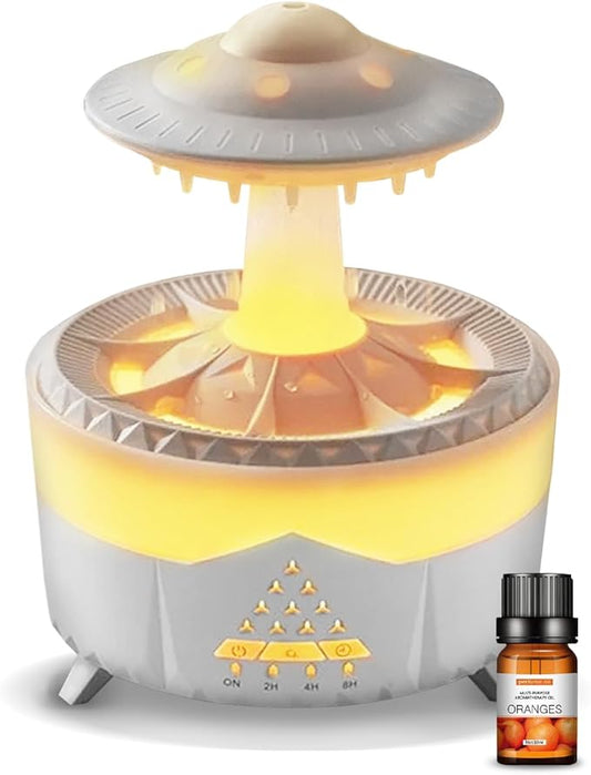 UFO Raindrop Humidifier Oil Diffuser - White - House Scent Essential Oil Desk Humidifier for Aromatherapy - Mushroom Desk Lamp Diffuser With Orange Aroma Oil Included