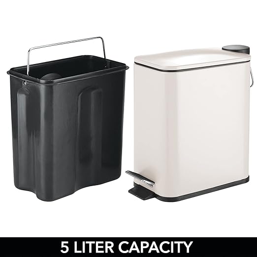 mDesign Rectangular Pedal Bin – 5 L Metal Waste Bin with Pedal, Lid and Plastic Bucket Insert – Household Rubbish Bin for Bathroom, Kitchen and Office – Beige