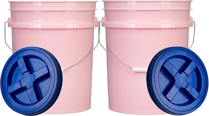 House Naturals Food Grade 5 Gallon Made in USA Plastic Bucket with Air Tight Screw on Lid (Pack of 2) (Pink with Blue Lids)