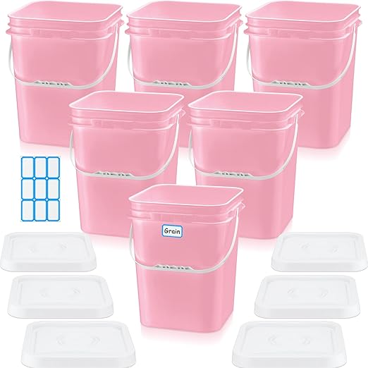 Vesici 6 Pcs 5 Gallon Food Grade Square Buckets with Lids 5 Gal Plastic Food Storage Square Bucket Heavy Duty Industrial Pail Container with DIY Label Stickers Handles for Water Painting(Pink)