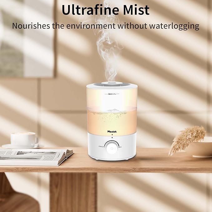Humidifiers for Bedroom, Cool Mist Top Fill Diffuser with 25Watt for Home Large Room, 360° Nozzle, Rapid Ultrasonic Humidification for Baby Nursery and Plant(3.1L)
