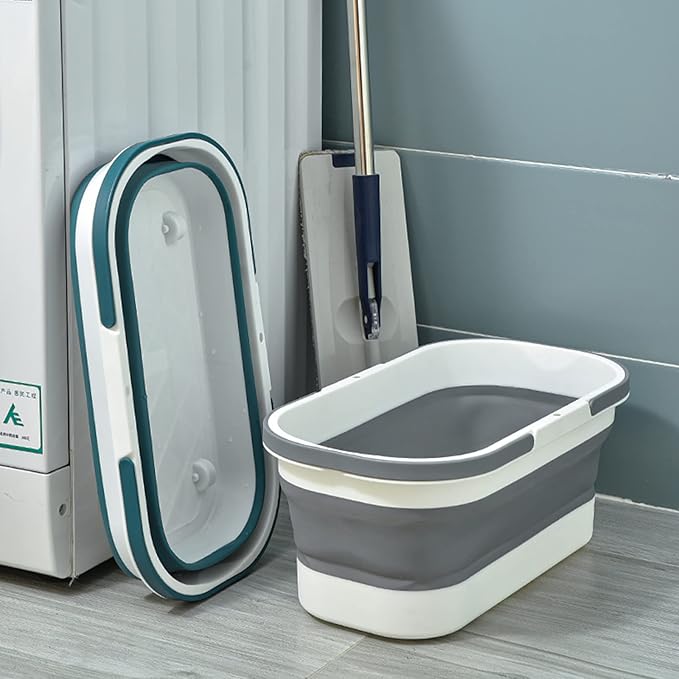 Collapsible Bucket with Wheels 14L (3.7 Gallon) - Versatile and Durable for House Cleaning, Camping, and RV - Convenient Rectangular Mop Cleaning Basket - Lightweight & Compact (14L-Grey)