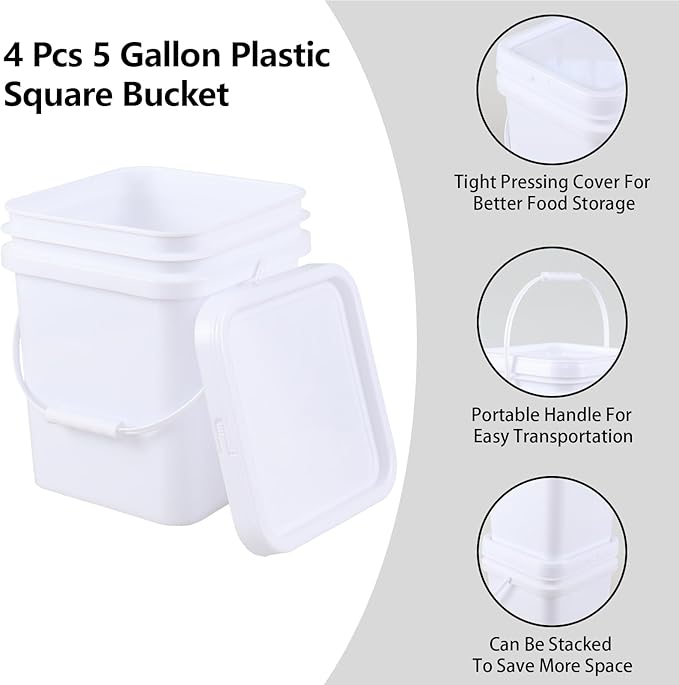 Vababa 5 Gallon Square Bucket White Bucket with Lid, 4 Pcs Plastic Bucket Food Storage Bucket with Handle and Lid