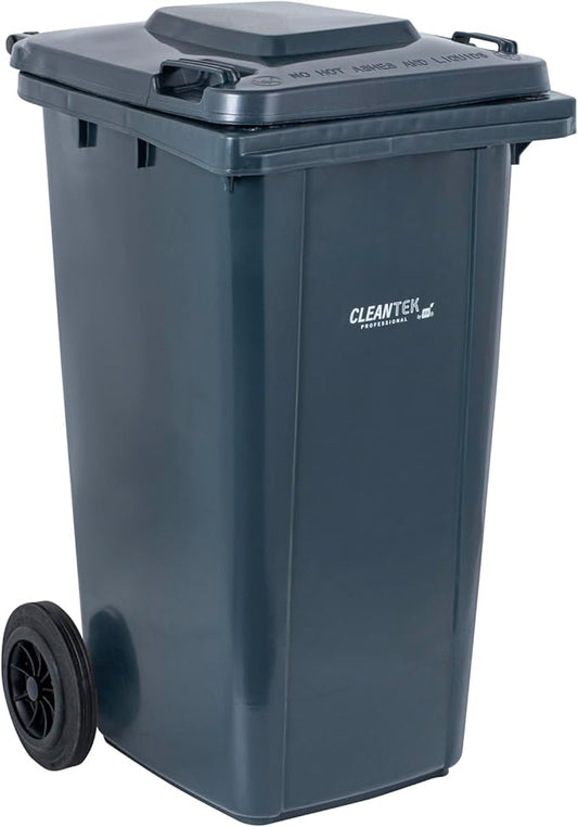 Restaurantware-Clean Tek Professional 32 Gallon Trash Can With Wheels, 1 Garbage Can With Lid - Step-On Attachment Sold Separately, Rectangle, Gray Plastic Dustbin, Long-Lasting, For Outdoor