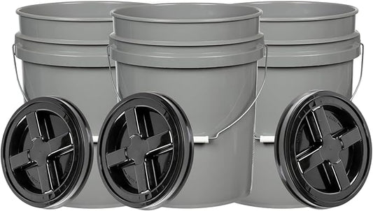 House Naturals 5 Gallon Grey Food Grade Bucket with Black Screw on Lid, BPA Free Container (Pack of 3) Made in USA