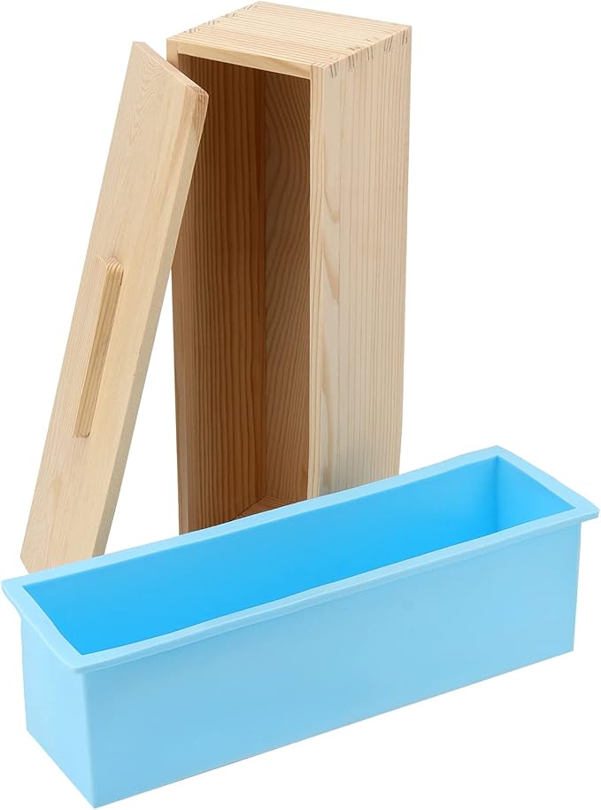 3 Set 42 oz Silicone Soap Molds, Rectangular Bar Loaf Soap Making Mold Kit with Wood Boxes and Lids, Flexible Soap Molds for Soap Making Supplies, DIY Homemade Soap, Craft, Blue