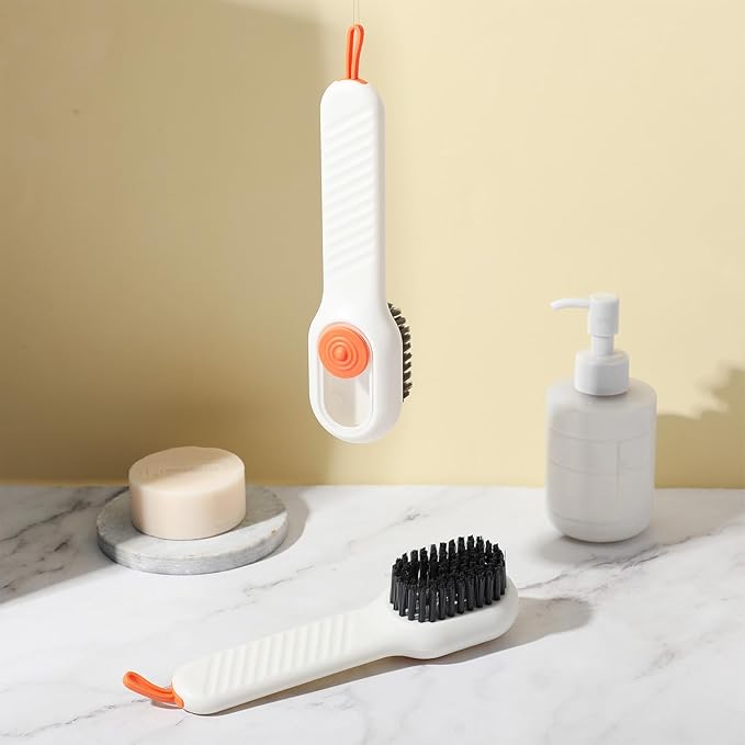2 Pcs 2 in 1 Multifunction Cleaning Brush Shoe Laundry Brush Liquid Box Soap Dispenser Scrub Brushes for Cleaning Liquid Adding Soft Brushes Hooks for Washing Clothes Household Bathroom Kitchen