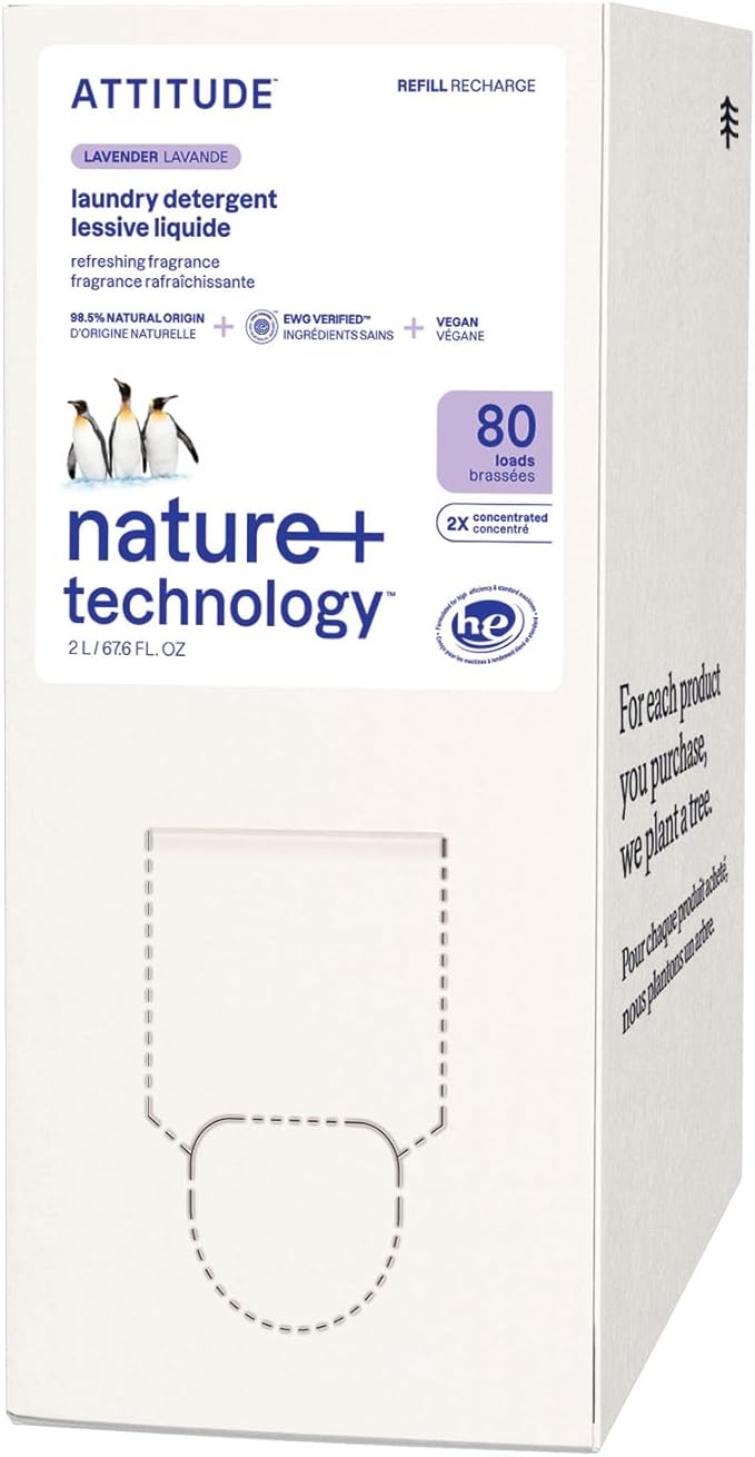 ATTITUDE Liquid Laundry Detergent Refill, EWG Verified, HE Compatible, Plant-Based & Vegan, Natural Laundry Soap, Lavender Scent, 80 Loads, 67.6 Fl Oz
