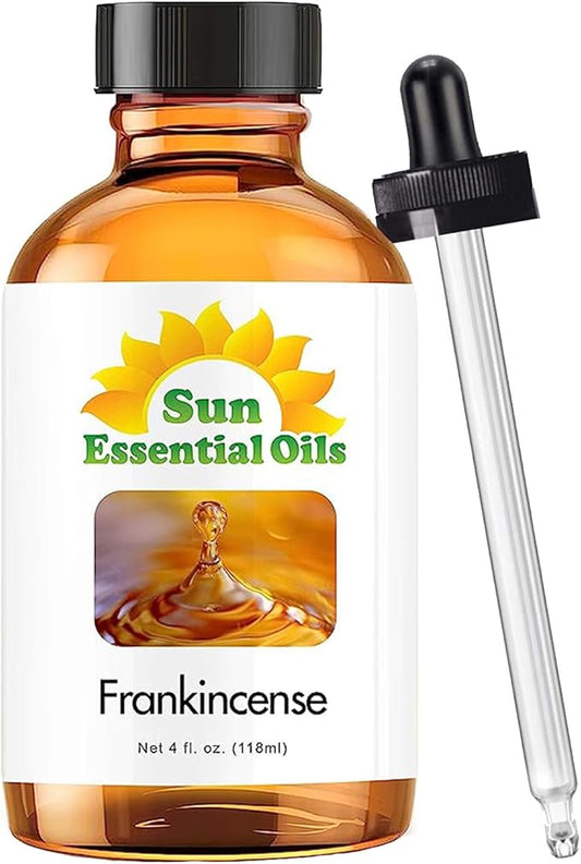 Sun Essential Oils – 4 oz Frankincense Essential Oil with Dropper for Diffuser, Skin, Face, Aromatherapy Massage, Humidifier, Warm & Resinous Scent for Candle, Lotion & Soap Making, Room Fragrance