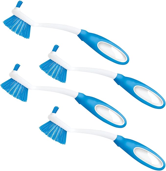 Dish Brush Scrubber for Kitchen, by LOLA, Has Stiff Bristles & Food Scraper, Comfort No-Slip Grip Handle, Safe for Non-Stick & Coated Cookware, 4 Pack