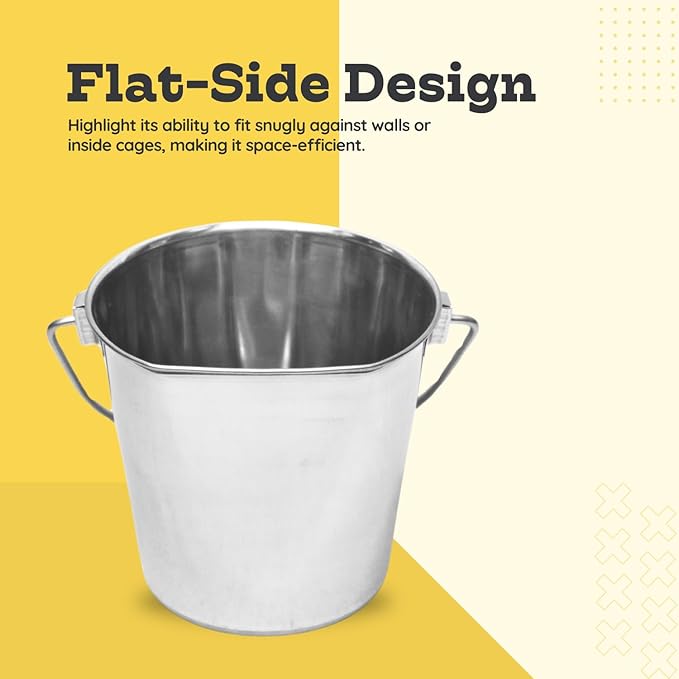 4 Quart Stainless Steel Flat Side Bucket | Durable Heavy Duty Food & Water Feeding Pails for Birds Dogs Cat Goat | Fits kennels Cages Critter Crates Hanging Pet Pail | Multipurpose Bucket