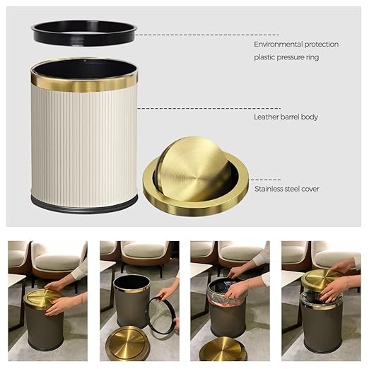 White Gold Bathroom Trash Can,Bedroom Garbage can with lid，Modern Trash Can with Flipping Lid, 4gallon,Garbage cans for Kitchen，Living Room (15L-White)