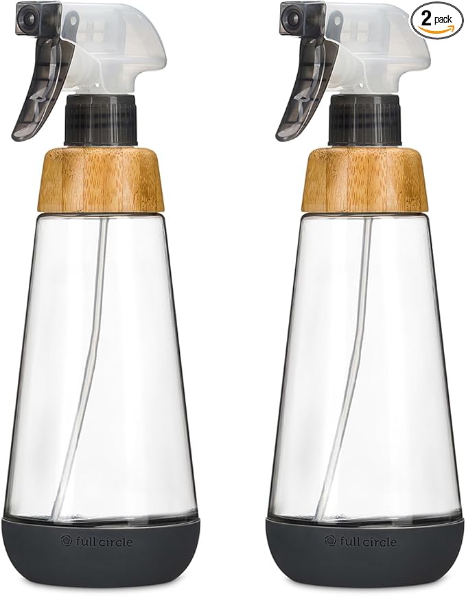 Full Circle Bottle Service-Refillable Glass Spray Bottle-Versatile Stream & Mist Options,Bamboo with Protective Silicone Boot-Ideal for Non-Toxic Cleaning Solutions & Plant Care,16oz,Gray,2 Pack
