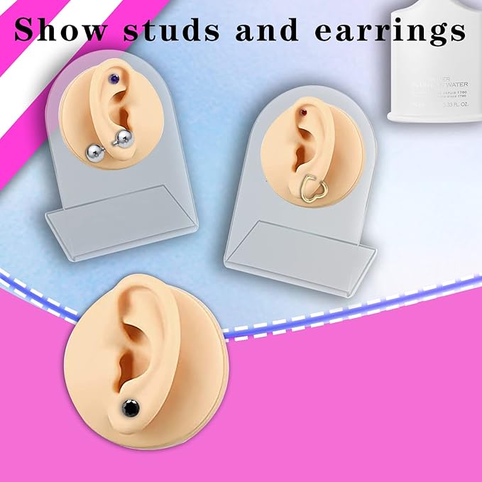 TOUNALKER 1Pcs Soft Silicone Ear Model, Reused Flexible Ear Mold Fake Ear with Acrylic Stand Ears Stud, Simulation Rubber Ear for Piercing Practice Jewelry Display