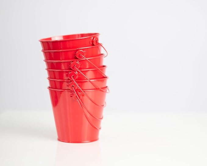 Small Metal Buckets with Handles - Leak-Proof Metal Pail Bucket - Galvanized Bucket with Handle - Multipurpose Tin Bucket for Party Favors, Organization, School, Weddings, Garden - Set of 6, Red