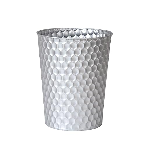 Small Metal Trash Can Wastebasket, Decorative Honeycomb Garbage Can Waste Basket, Modern Farmhouse Round Trash Bin for Bathroom, Bedroom, Kitchen and Office (Silver)
