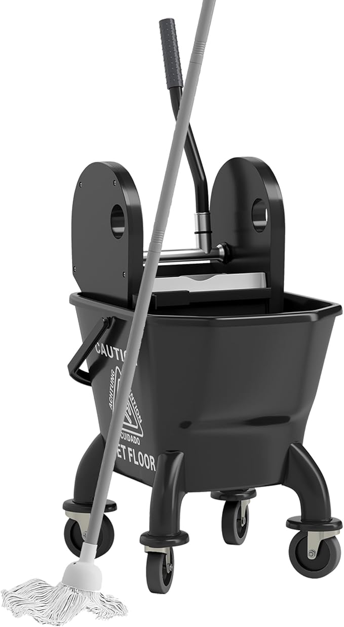 HOMCOM Mop Bucket with Wringer on Wheels for Floor Cleaning, 27.5 Quart Down Press Wringer with Handle and Mop, Black