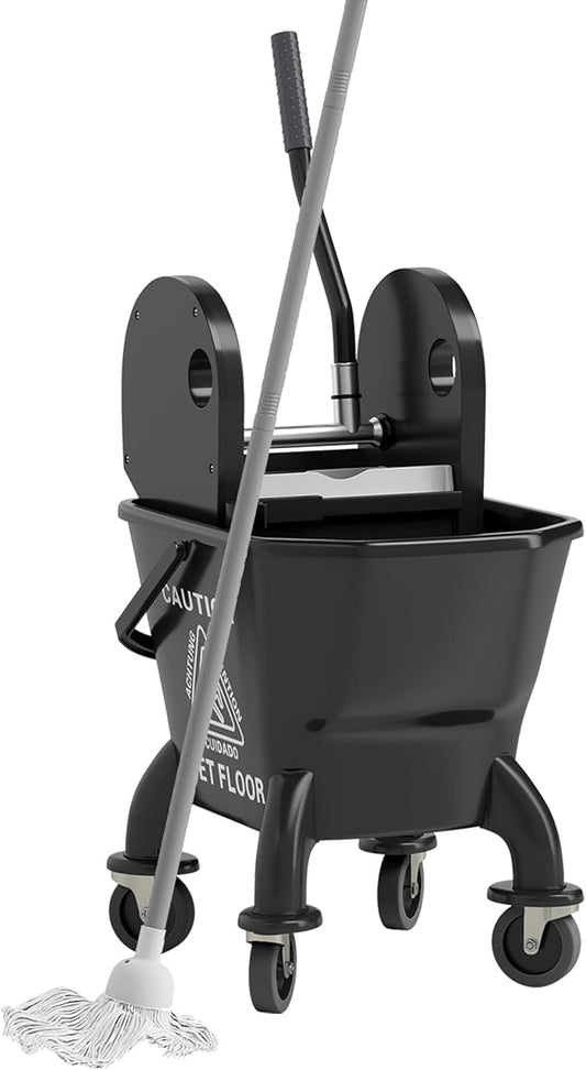 HOMCOM Mop Bucket with Wringer on Wheels for Floor Cleaning, 27.5 Quart Down Press Wringer with Handle and Mop, Black