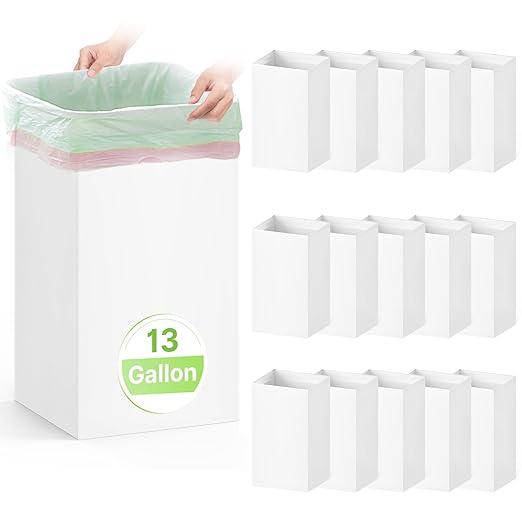 Disposable Trash Cans for Parties 16 Pack, 13 Gallon Cardboard Trash Can for Events, Thick Collapsible Garbage Can for Camping - 13.5" L x 10.0" W x 21.7" H, White