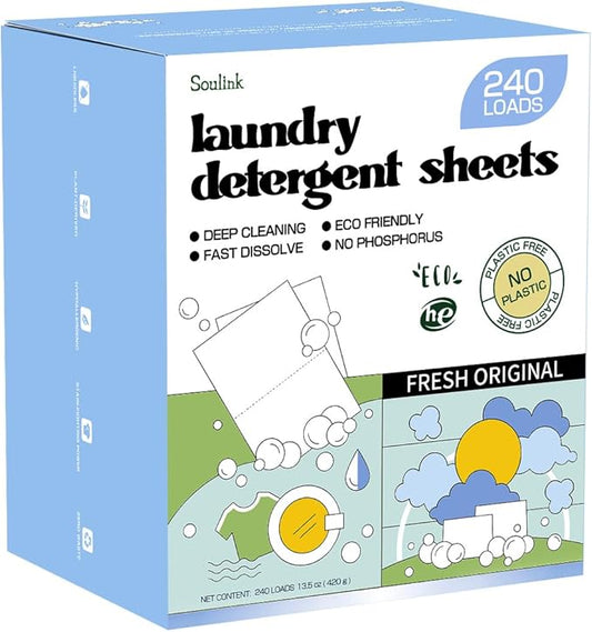 Soulink Original Laundry Detergent Sheets 240 Loads - Eco-Friendly, Plant-Based, Hypoallergenic, No Plastic Jug