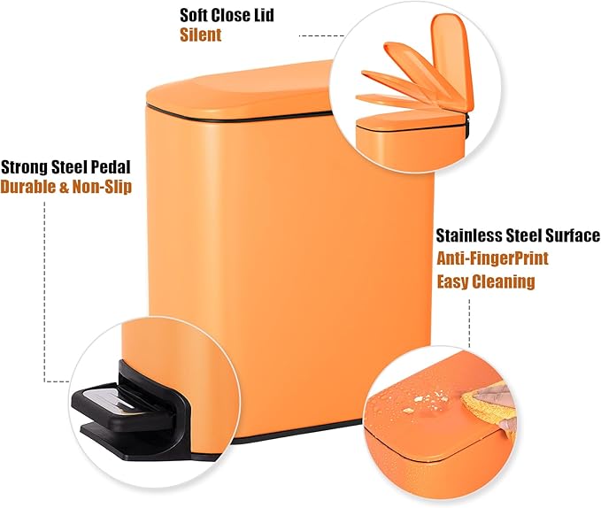 Cesun Small Bathroom Trash Can with Lid Soft Close, Step Pedal, 6 Liter / 1.6 Gallon Stainless Steel Garbage Can with Removable Inner Bucket, Anti-Fingerprint Finish (Matt Orange)