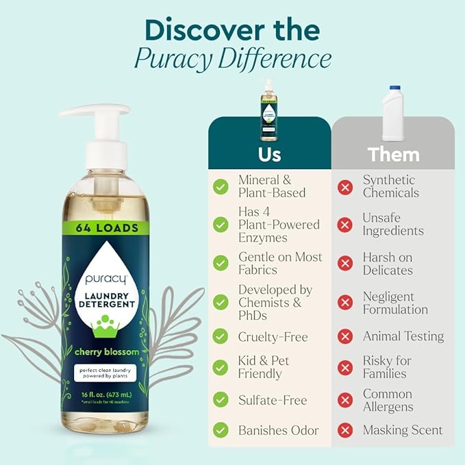 Puracy Laundry Detergent - Enzyme-Powered Liquid Laundry Detergent Concentrate, Natural LaundryDetergent Seen on TikTok, Non-Toxic (Cherry Blossom, 16 fl oz, 64 Loads)