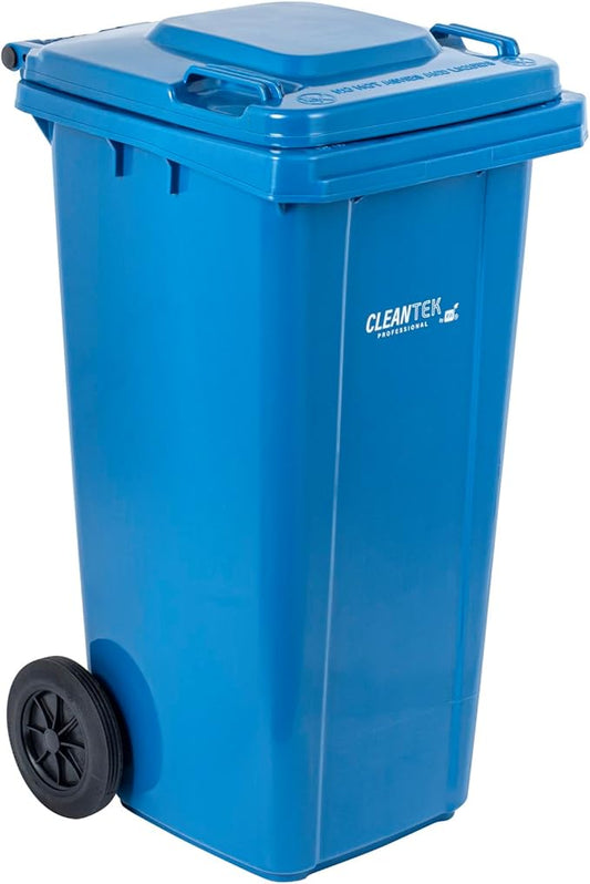 Restaurantware-Clean Tek Professional 32 Gallon Trash Can With Wheels, 1 Garbage Can With Lid - Step-On Attachment Sold Separately, Rectangle, Blue Plastic Dustbin, Long-Lasting, For Outdoor