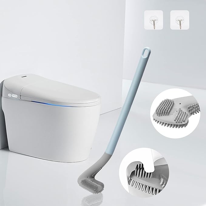 2Pcs Toilet Brush, Slim Compact Bathroom Toilet Scrubber No Dead Corners Silicone Toilet Brush, Curved Design Angled Toilet Cleaner Brush Scrubber for Deep Cleaning