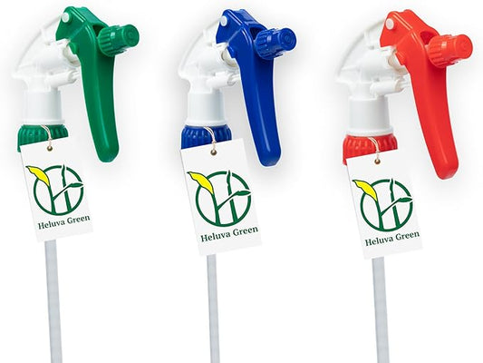 Heluva Green Spray Bottle Nozzle Replacement, Bottle Tops Only - Sprayer Nozzle Triggers for Heavy Duty, Commercial, Home Cleaning Solutions - Fits 8,16,24,32 oz Plastic & Glass Bottles, Mixed 3 pack