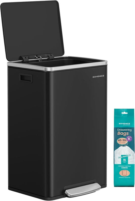 SONGMICS Trash Can, 13-Gallon Gabbage Can, with 15 Trash Bags, Steel, with Soft-Close Lid, Removable Inner Bucket, Handles, Ink Black ULTB595B01V1