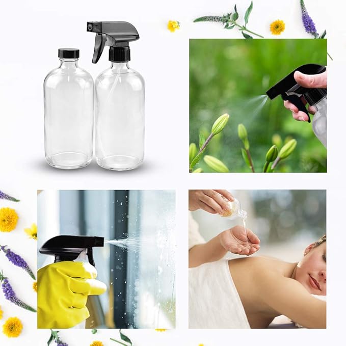 Glass Spray Bottle Kit×10 (2×16 oz, 2×4 oz, 6×2 oz), 9×10 ml Roller Bottles, Anti UV, Multi Size and Versatile, Suitable for Aromatherapy, Facial Moisturizing, Watering, etc.(Clear)