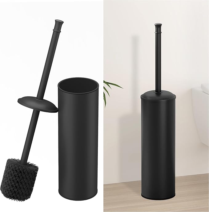 BESy Toilet Brush and Holder, Toilet Cleaner Bowl Set with Two Brush with Extra Long Handle, Durable Bristles Toilet Scrubber and Covered Holder, Drip-Proof Stainless Steel Matte Black