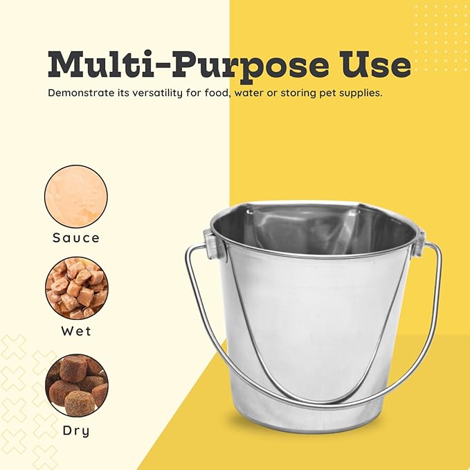 2 Quart Stainless Steel Flat Side Bucket | Durable Heavy Duty Food & Water Feeding Pails for Small Pet Birds Dog Cat | Fits kennels Cages Critter Crates Hanging Pail | Multipurpose Bucket